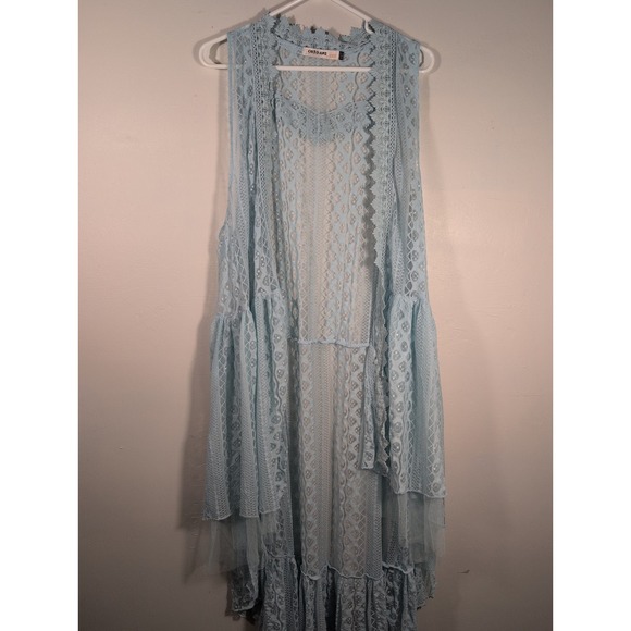 Origami Tops - ORIGAMI Cardigan LACE KIMONO WESTERN DUSTER Vest shirt XXL BOHEMIAN Baby Blue